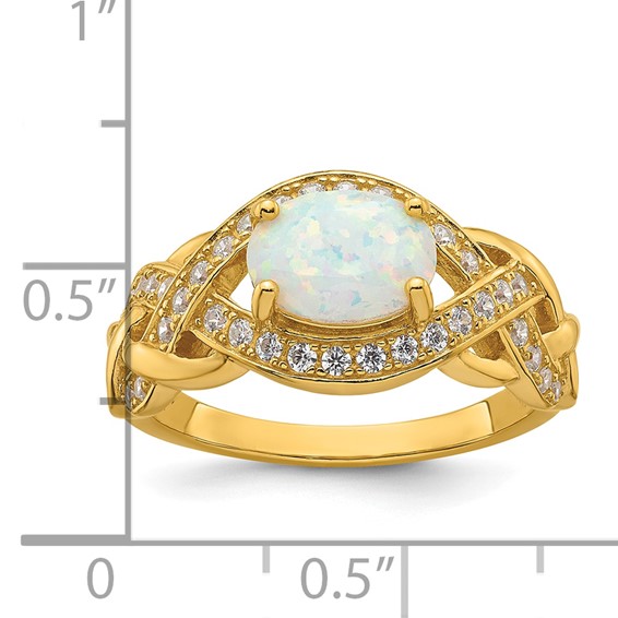 Sterling Silver Gold-tone Polished CZ and Lab Created Opal Size 7 Twisted Ring
