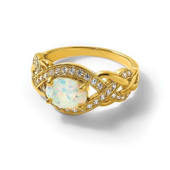 Sterling Silver Gold-tone Polished CZ and Lab Created Opal Size 7 Twisted Ring