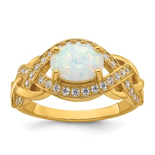 Sterling Silver Gold-tone Polished CZ and Lab Created Opal Size 7 Twisted Ring