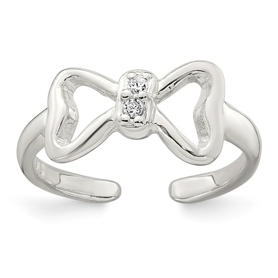 Sterling Silver Polished CZ Bow Adjustable Toe Ring