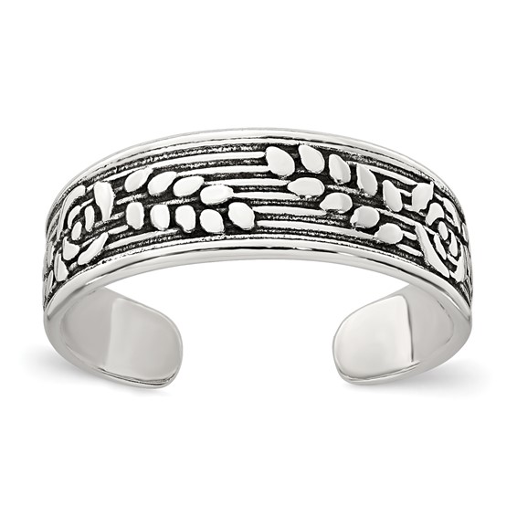 Sterling Silver Polished and Antiqued Rose and Leaf Pattern Toe Ring