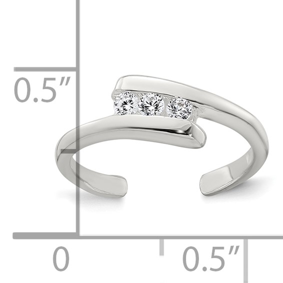 Sterling Silver Polished 3 Stone CZ Bypass Adjustable Toe Ring