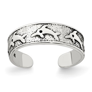 Sterling Silver Polished and Antiqued Dolphin Toe Ring