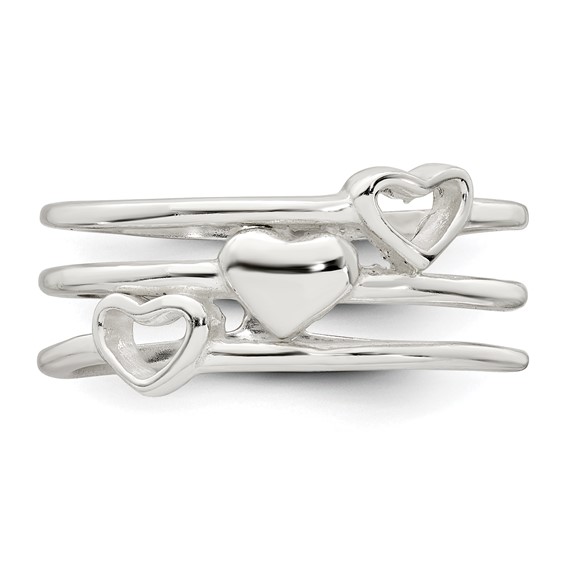 Sterling Silver Polished Hearts Three Band Size 6 Ring