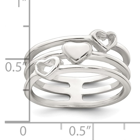 Sterling Silver Polished Hearts Three Band Size 6 Ring