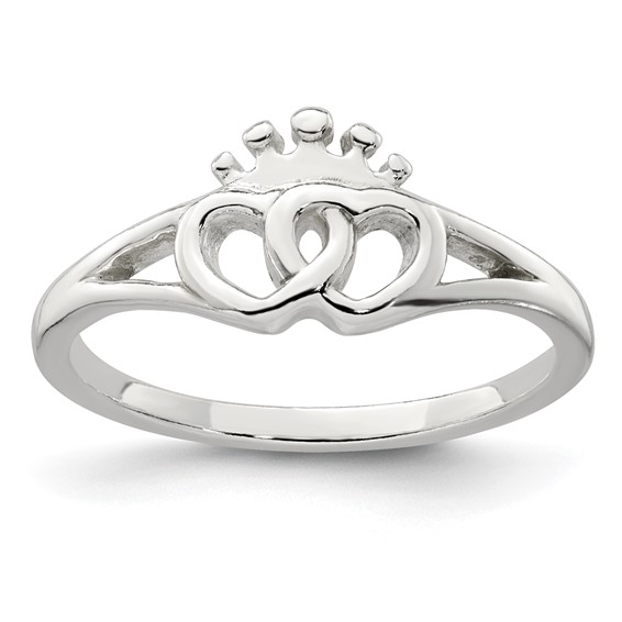 Sterling Silver Polished Interlocking Hearts With Crown Ring