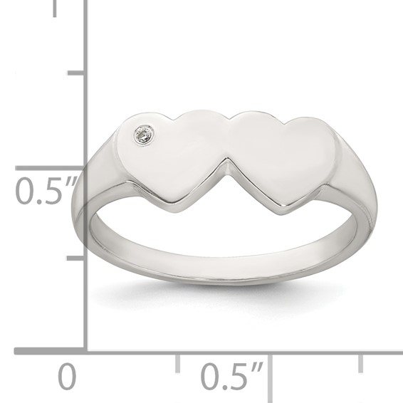 Sterling Silver Polished White CZ Double Heart Size 7 Signet Ring