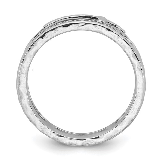 Sterling Silver Rhodium-plated Polished CZ and Hammered Cross Double Band Size 6 Ring