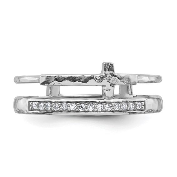 Sterling Silver Rhodium-plated Polished CZ and Hammered Cross Double Band Size 6 Ring