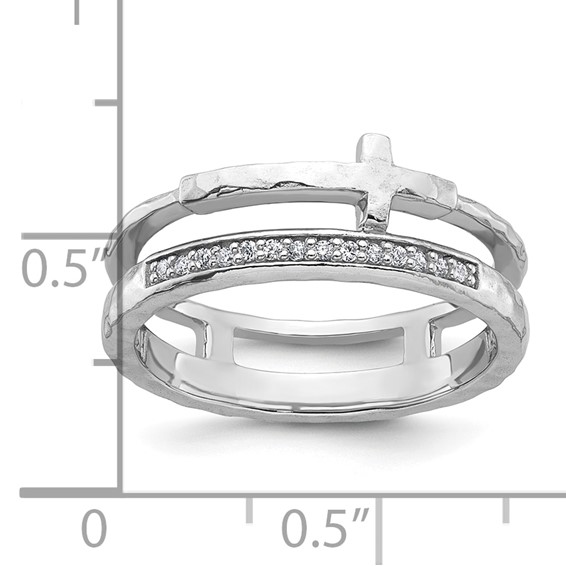 Sterling Silver Rhodium-plated Polished CZ and Hammered Cross Double Band Size 6 Ring