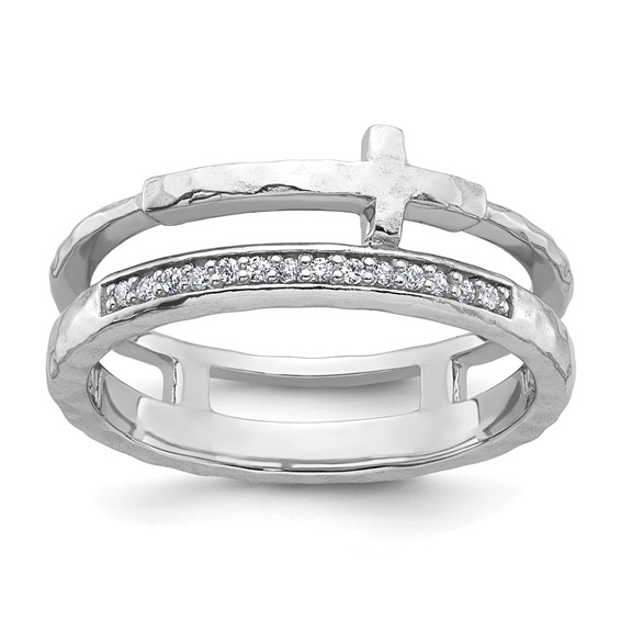 Sterling Silver Rhodium-plated Polished CZ and Hammered Cross Double Band Size 6 Ring