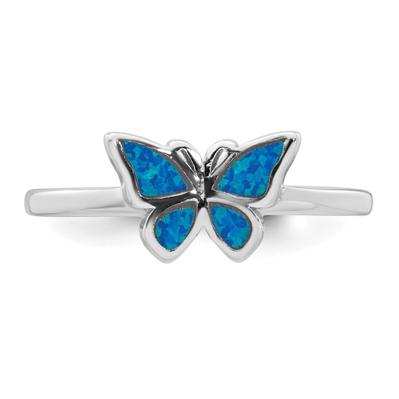 Sterling Silver Rhodium-plated Polished Blue Lab Created Opal Butterfly Size 6 Ring