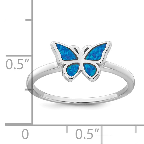 Sterling Silver Rhodium-plated Polished Blue Lab Created Opal Butterfly Size 6 Ring