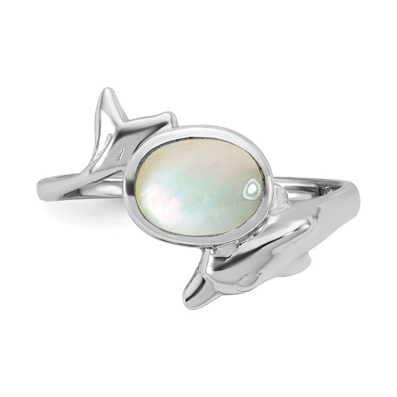 Sterling Silver Rhodium-plated Polished Oval Mother of Pearl and Dolphin Size 7 Ring