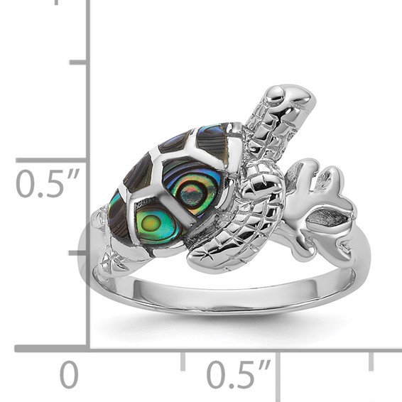 Sterling Silver Rhodium-plated Polished Abalone Sea Turtle Size 7 Ring