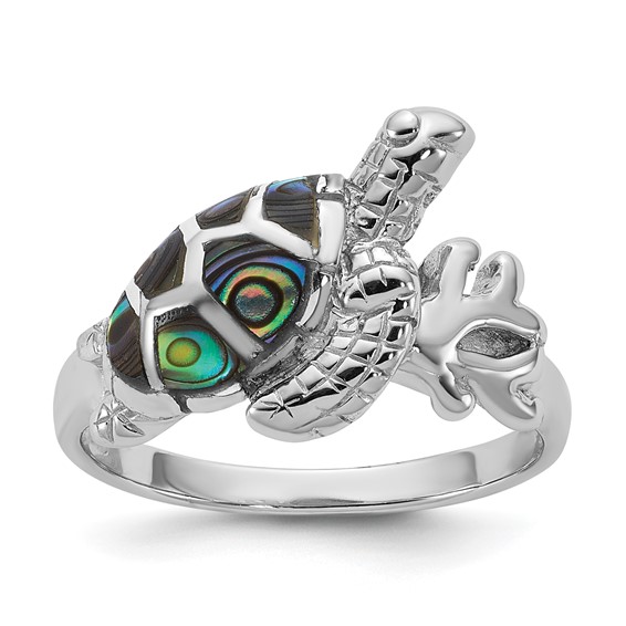 Sterling Silver Rhodium-plated Polished Abalone Sea Turtle Size 7 Ring