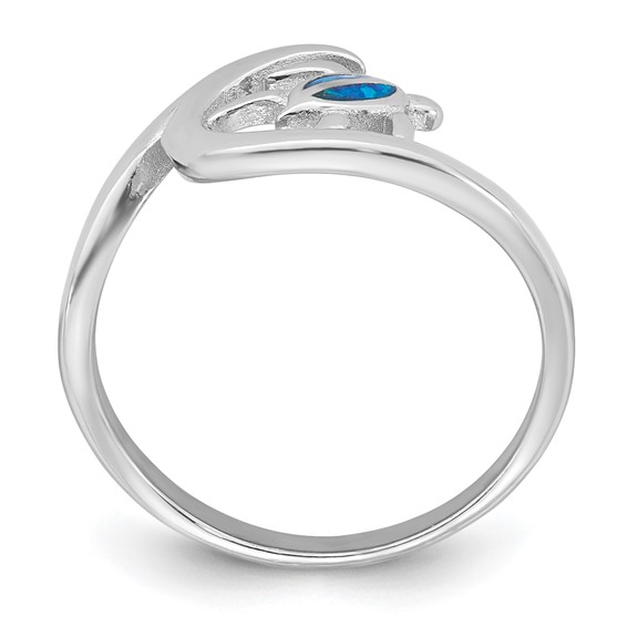 Sterling Silver Rhodium-plated Polished Blue Lab Created Opal Turtle on Wave Size 6 Ring