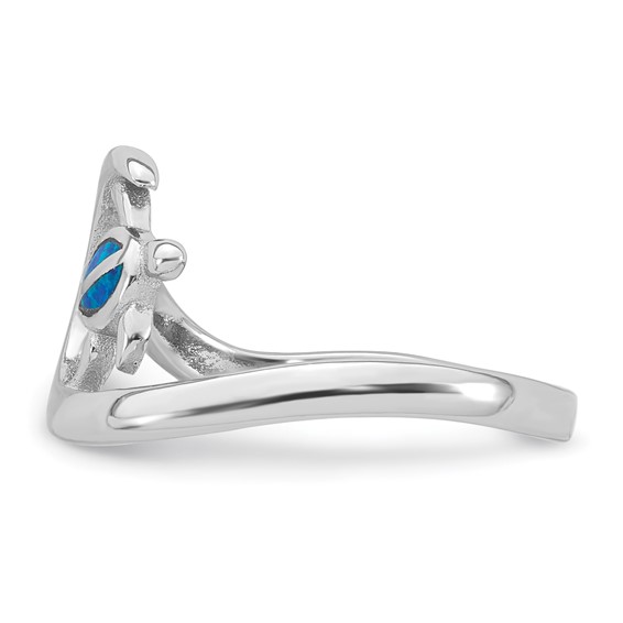Sterling Silver Rhodium-plated Polished Blue Lab Created Opal Turtle on Wave Size 6 Ring