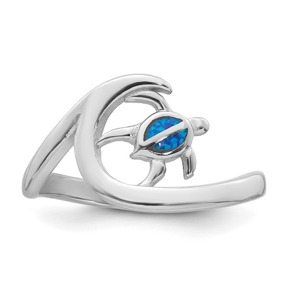 Sterling Silver Rhodium-plated Polished Blue Lab Created Opal Turtle on Wave Size 6 Ring