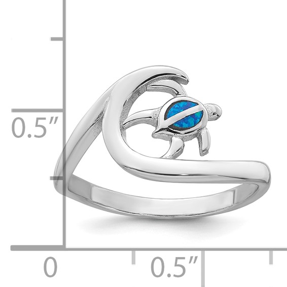 Sterling Silver Rhodium-plated Polished Blue Lab Created Opal Turtle on Wave Size 6 Ring