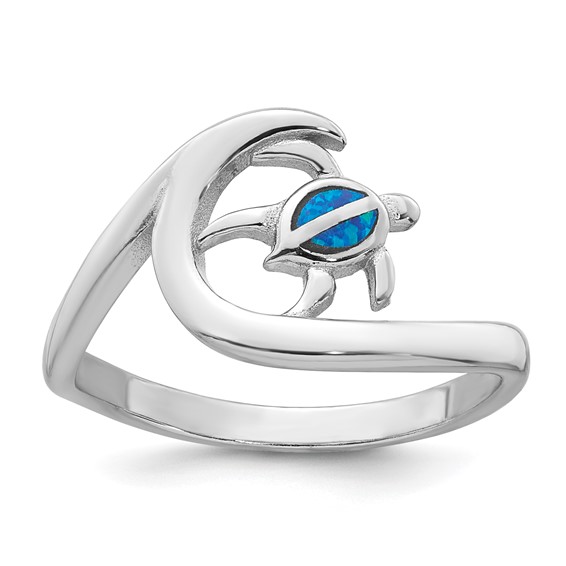 Sterling Silver Rhodium-plated Polished Blue Lab Created Opal Turtle on Wave Size 6 Ring