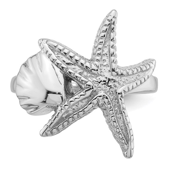Sterling Silver Rhodium-plated Polished and Textured Sea Shell with Starfish Size 7 Ring