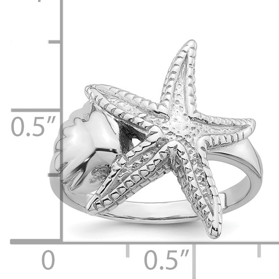 Sterling Silver Rhodium-plated Polished and Textured Sea Shell with Starfish Size 7 Ring