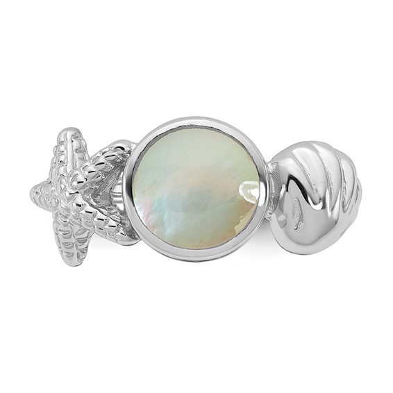 Sterling Silver Rhodium-plated Polished Oval Mother of Pearl and Sea Shell with Starfish Size 7 Ring