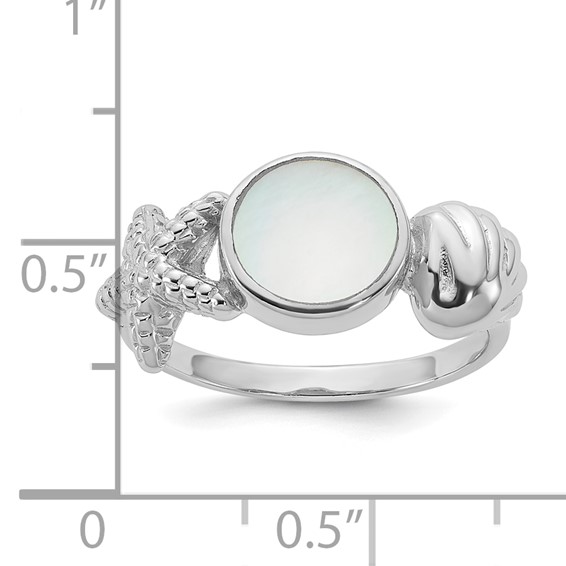 Sterling Silver Rhodium-plated Polished Oval Mother of Pearl and Sea Shell with Starfish Size 7 Ring