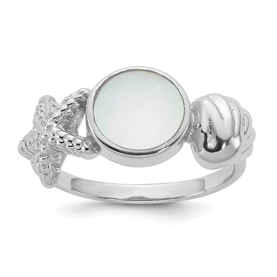 Sterling Silver Rhodium-plated Polished Oval Mother of Pearl and Sea Shell with Starfish Size 7 Ring
