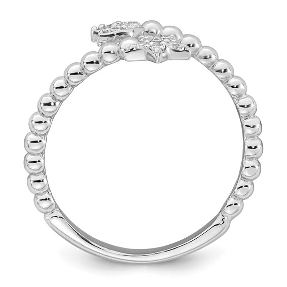 Sterling Silver Rhodium-plated Polished and Beaded Adjustable CZ Moon and Star Size 8 Ring