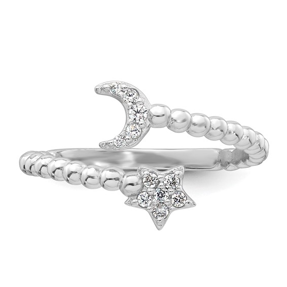 Sterling Silver Rhodium-plated Polished and Beaded Adjustable CZ Moon and Star Size 8 Ring