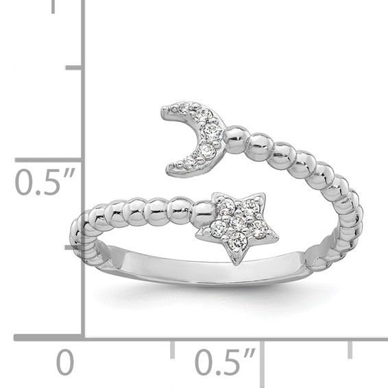 Sterling Silver Rhodium-plated Polished and Beaded Adjustable CZ Moon and Star Size 8 Ring