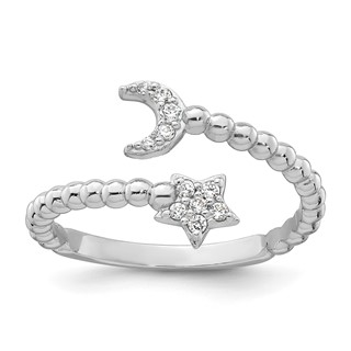 Sterling Silver Rhodium-plated Polished and Beaded Adjustable CZ Moon and Star Size 8 Ring