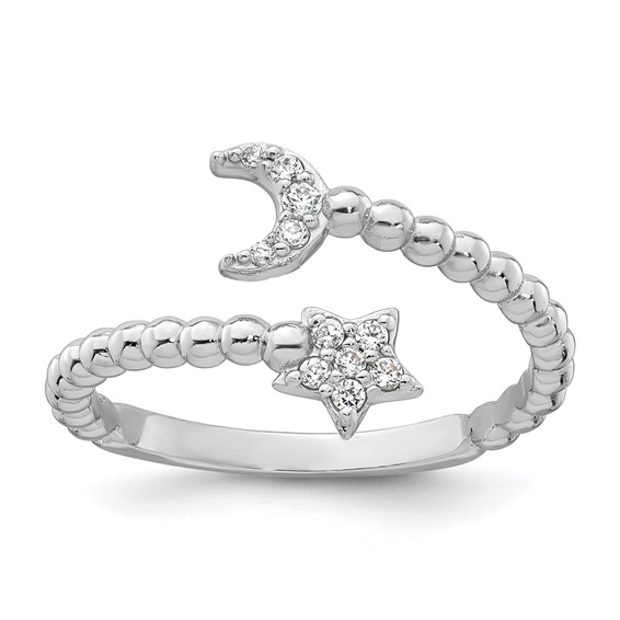 Sterling Silver Rhodium-plated Polished and Beaded Adjustable CZ Moon and Star Size 8 Ring