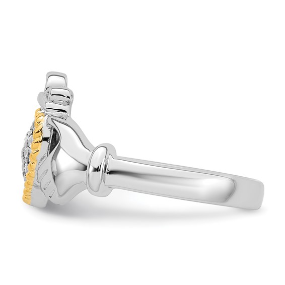 Sterling Silver Rhodium-plated with 14k Accent Polished CZ Size 7 Claddagh Ring