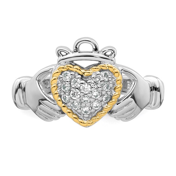 Sterling Silver Rhodium-plated with 14k Accent Polished CZ Size 7 Claddagh Ring