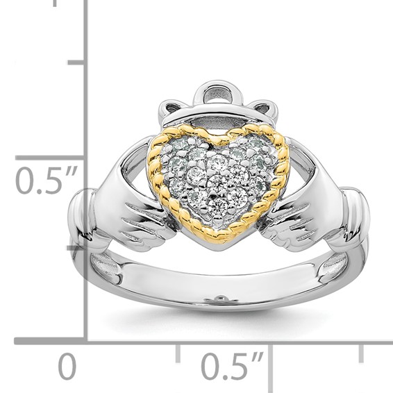 Sterling Silver Rhodium-plated with 14k Accent Polished CZ Size 7 Claddagh Ring