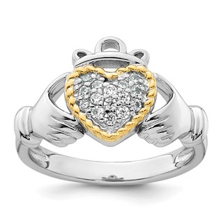 Sterling Silver Rhodium-plated with 14k Accent Polished CZ Size 7 Claddagh Ring