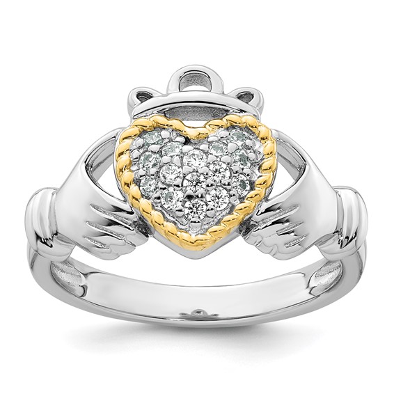 Sterling Silver Rhodium-plated with 14k Accent Polished CZ Size 7 Claddagh Ring