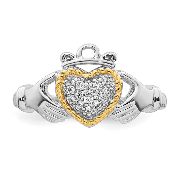 Sterling Silver Rhodium-plated with 14k Accent Polished CZ Size 8 Claddagh Ring