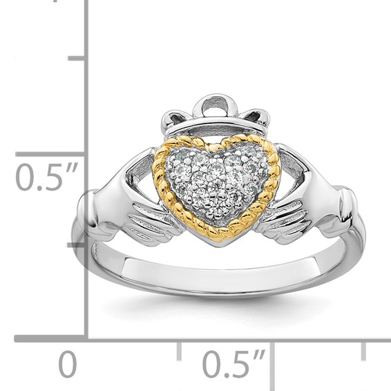 Sterling Silver Rhodium-plated with 14k Accent Polished CZ Size 8 Claddagh Ring