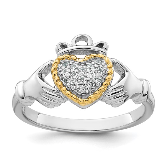 Sterling Silver Rhodium-plated with 14k Accent Polished CZ Size 8 Claddagh Ring