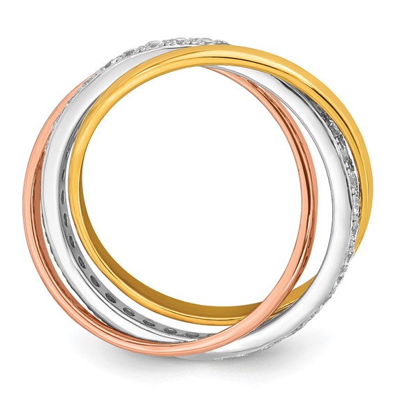 Sterling Silver Rhodium-plated Rose-tone and Gold-tone Polished CZ Intertwined Triple Band Size 6 Ring