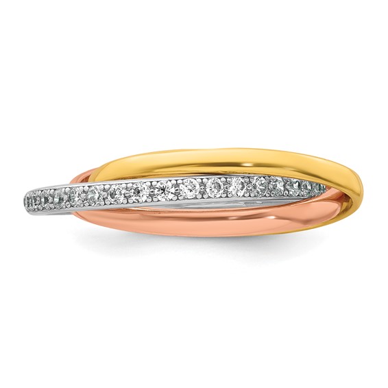 Sterling Silver Rhodium-plated Rose-tone and Gold-tone Polished CZ Intertwined Triple Band Size 6 Ring