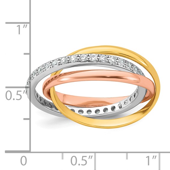 Sterling Silver Rhodium-plated Rose-tone and Gold-tone Polished CZ Intertwined Triple Band Size 6 Ring