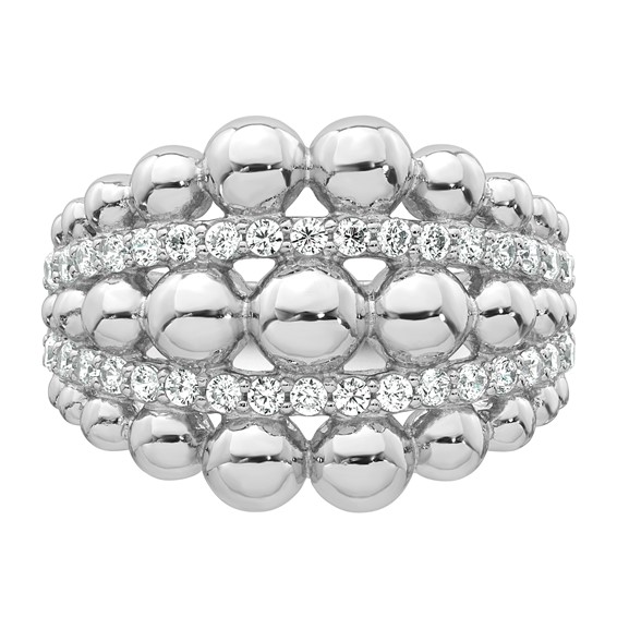 Sterling Silver Rhodium-plated Polished Graduated Beaded Fancy CZ Size 6 Ring