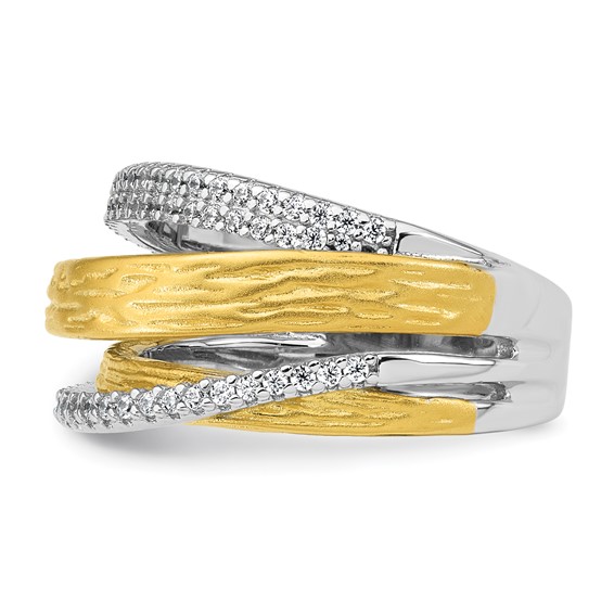 Sterling Silver Rhodium-plated and Gold-tone CZ Textured Brushed 4-Row Size 7 Ring