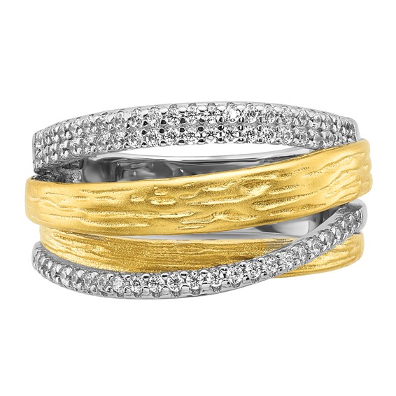 Sterling Silver Rhodium-plated and Gold-tone CZ Textured Brushed 4-Row Size 7 Ring