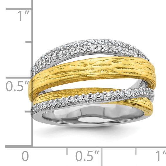 Sterling Silver Rhodium-plated and Gold-tone CZ Textured Brushed 4-Row Size 7 Ring